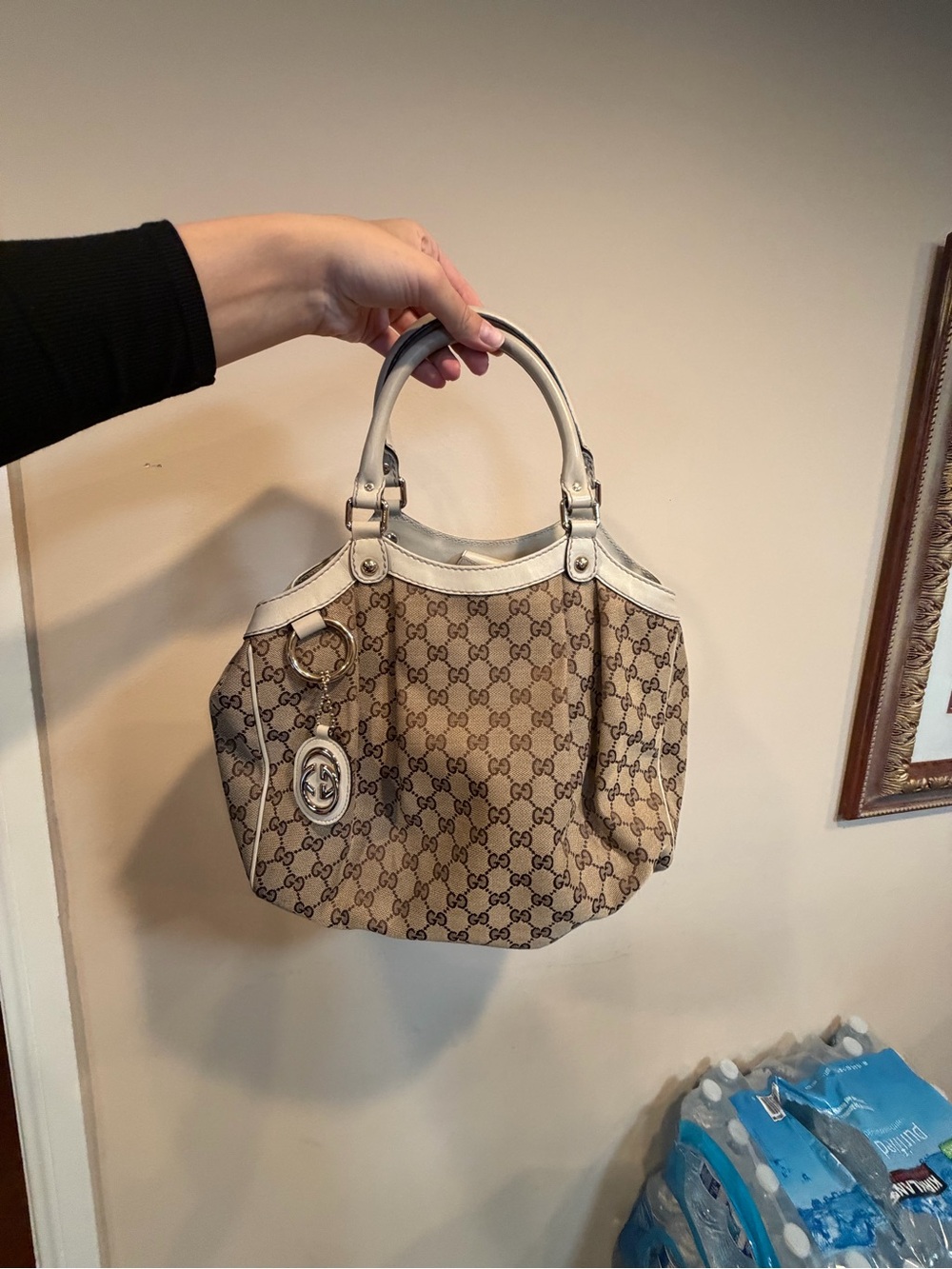 Authentic GUCCI Beige Monogram Tote Bag with White Trim